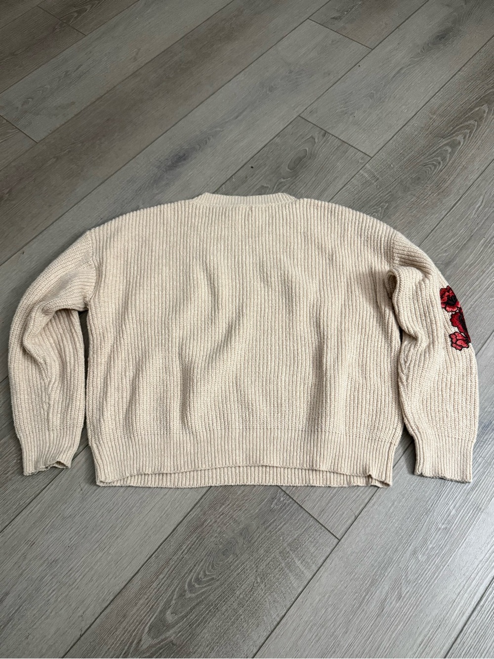 Woven Heart Cream Crewneck Sweater with Red Rose Embroidery - Picture 2 of 7